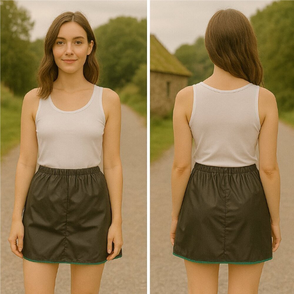 Glossy Black Mini Skirt with Green Trim – Sleek & Modern